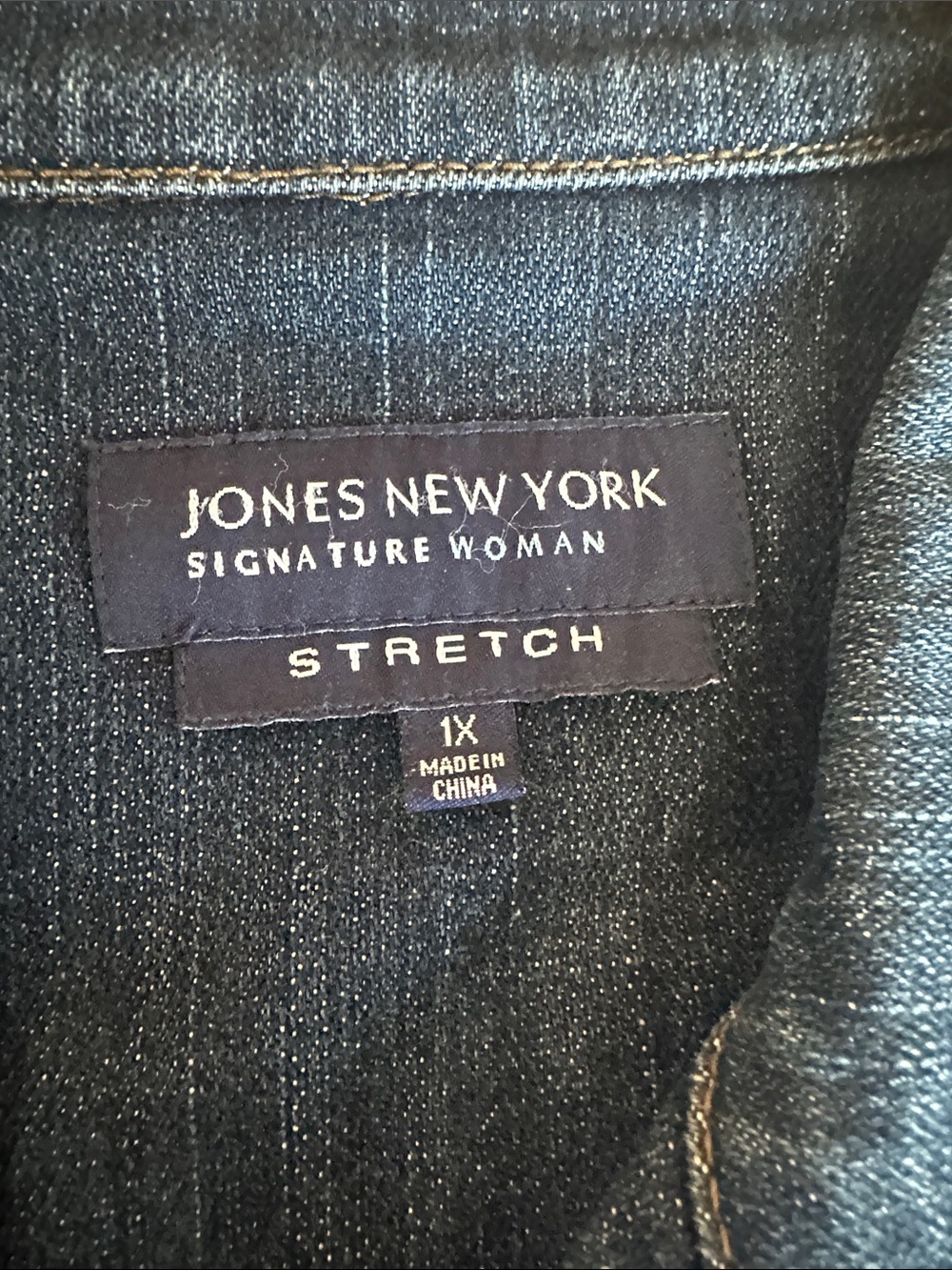 Jones New York Womens Beaded Jean Jacket - Dark Blue Stretch Denim